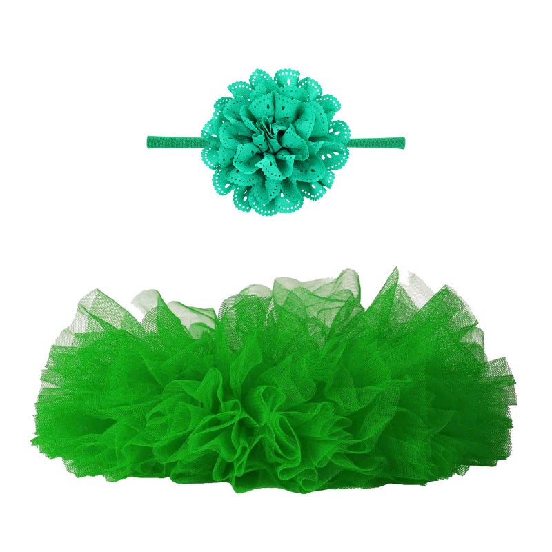 Angla 2pcs Flower Headband Tutu Skirt for Newborn Baby Girl Toddlers Infant 0-12 Months (Green), Medium - Image 1
